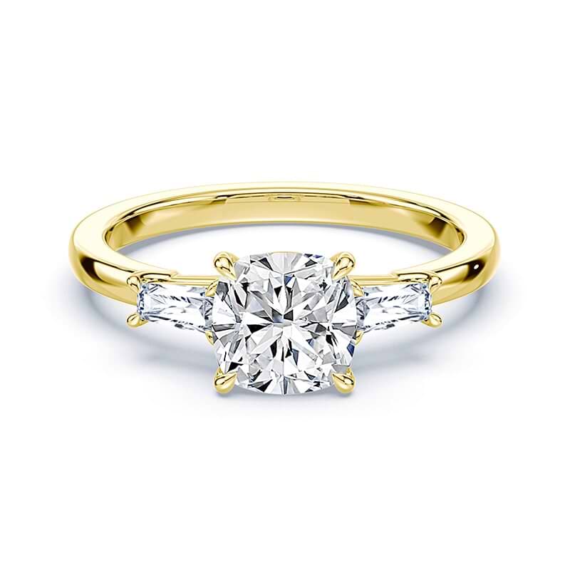 Three-Stone Cushion Cut Ring with Baguettes Yellow Gold – Plum