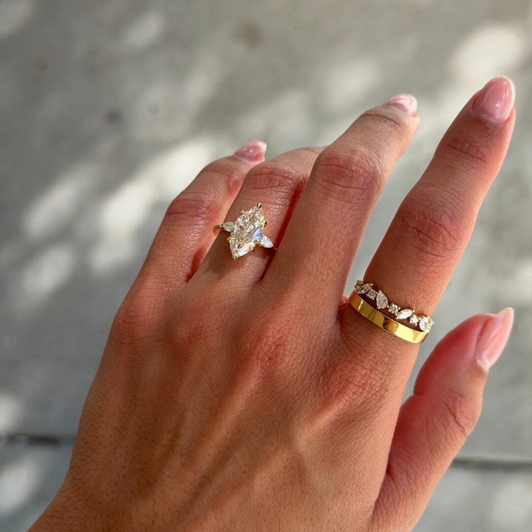 Three Stone Marquise 2 Tone Rose Gold Engagement Ring