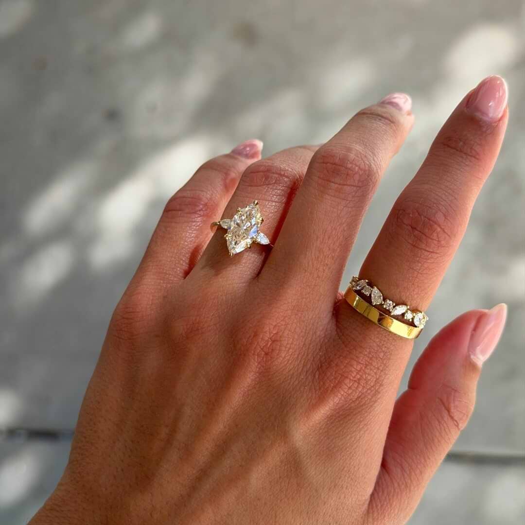 Three Stone Marquise 2 Tone Rose Gold Engagement Ring