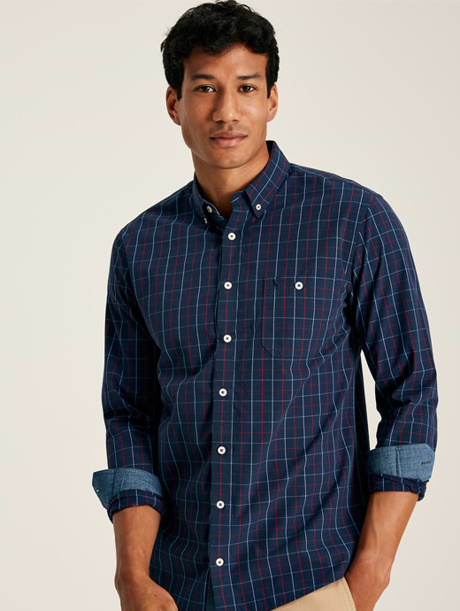  Joules Men's Abbott Long Sleeve Classic Fit Peached Poplin Shirt French Navy Check 