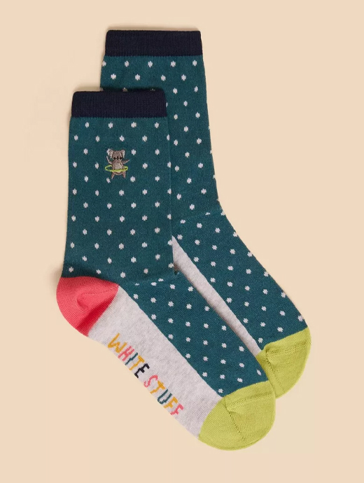 White Stuff Women's Embroidered Koala Angle Sock Teal Multi 
