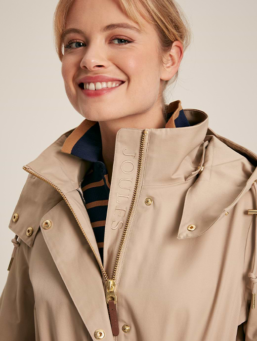 Joules Women s Harpsden Waterproof Long Raincoat with Hood Beige