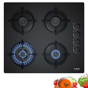 כיריים גז בוש Bosch POH6B6B10Y זכוכית שחורה 4 להבות עם מבער טורבו