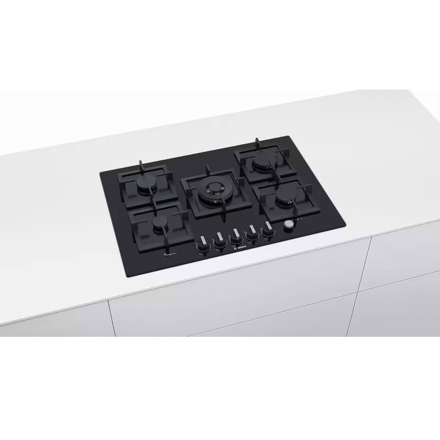 מק״ט מוצר  - כיריים גז בוש Bosch PPQ7A6M25Y זכוכית שחורה 5 להבות עם טורבו