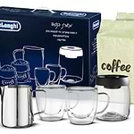 מארז קפה מפנק DeLonghi בשווי 499 ₪ הכולל : 2 ק”ג פולי קפה, זוג כוסות זכוכית דופן כפולה 300 מ”ל, כד להקצפת חלב 600 מ”ל ומיכל לאחסון פולי הקפה בוואקום 600 מ”ל. – לא לקניה לבד