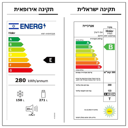 מקרר 4 דלתות מקפיא תחתון האייר Haier HRF-4494FSSR גימור נירוסטה - 2790₪