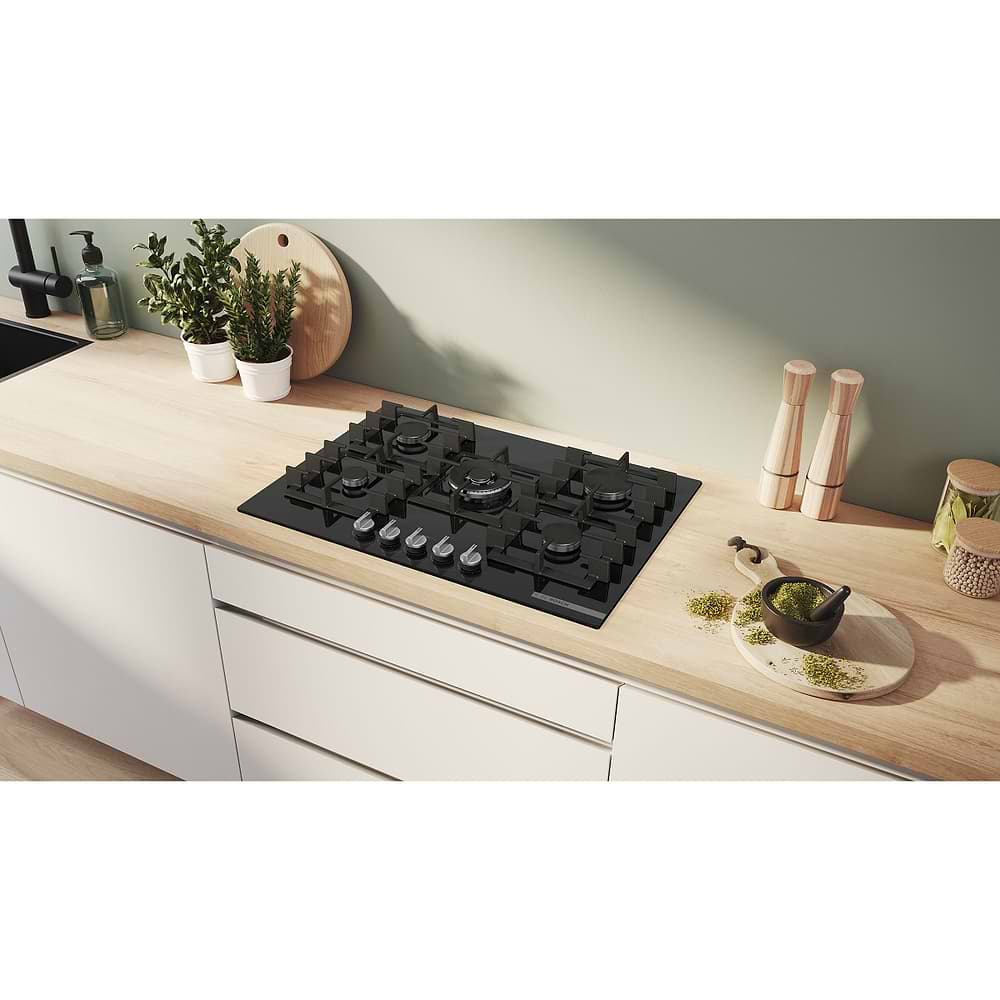 כיריים - כיריים גז בוש 5 להבות 75 ס”מ Bosch PPQ7A6I40Y גימור זכוכית שחורה