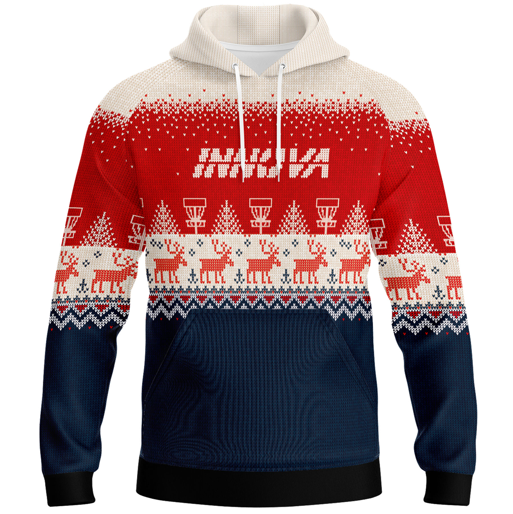 Innova Holiday Sweater Performance Disc Golf Hoodie. White, red, and navy colors. Front view.
