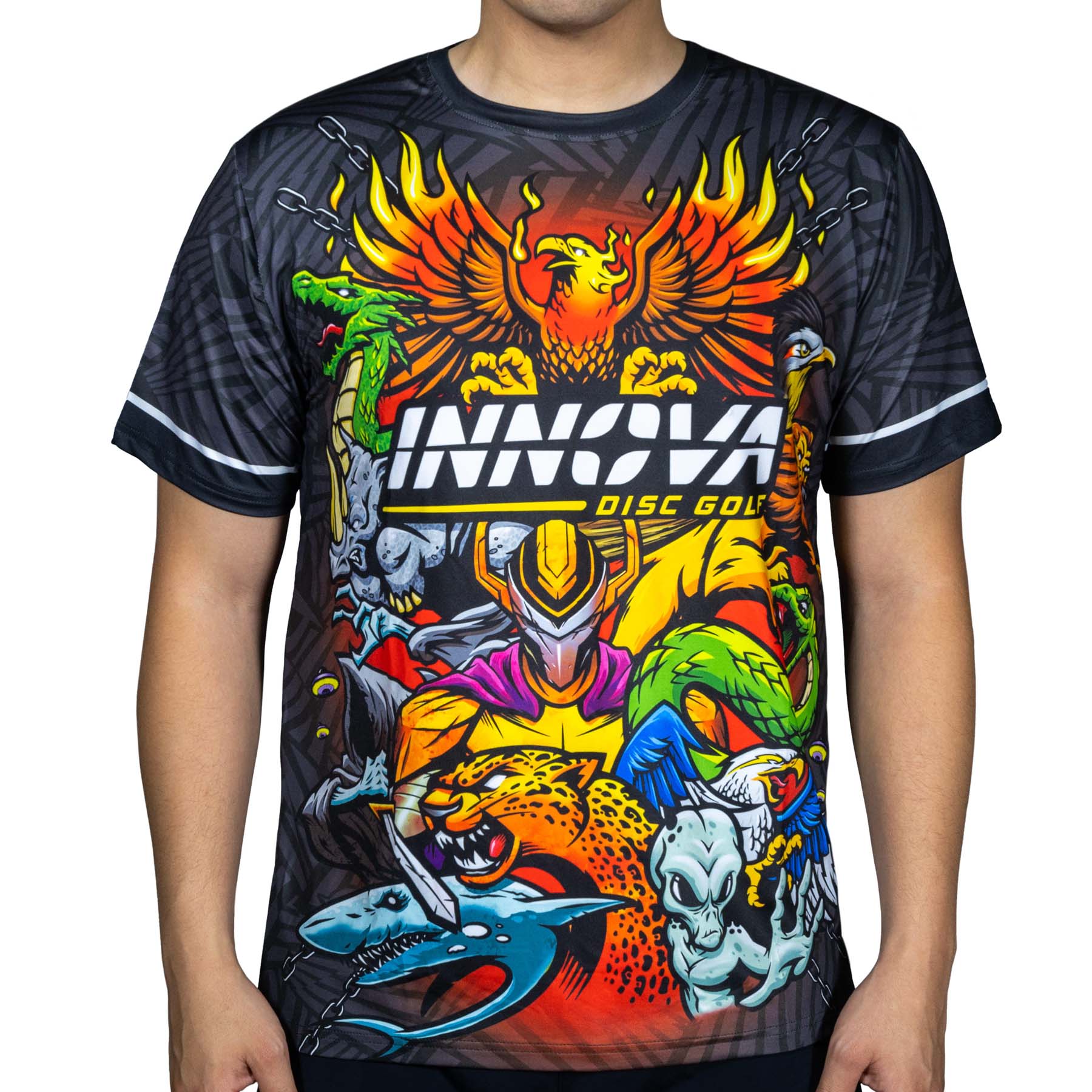 Innova Jungle Sublimated Disc Golf Jersey. Grey. Front. 