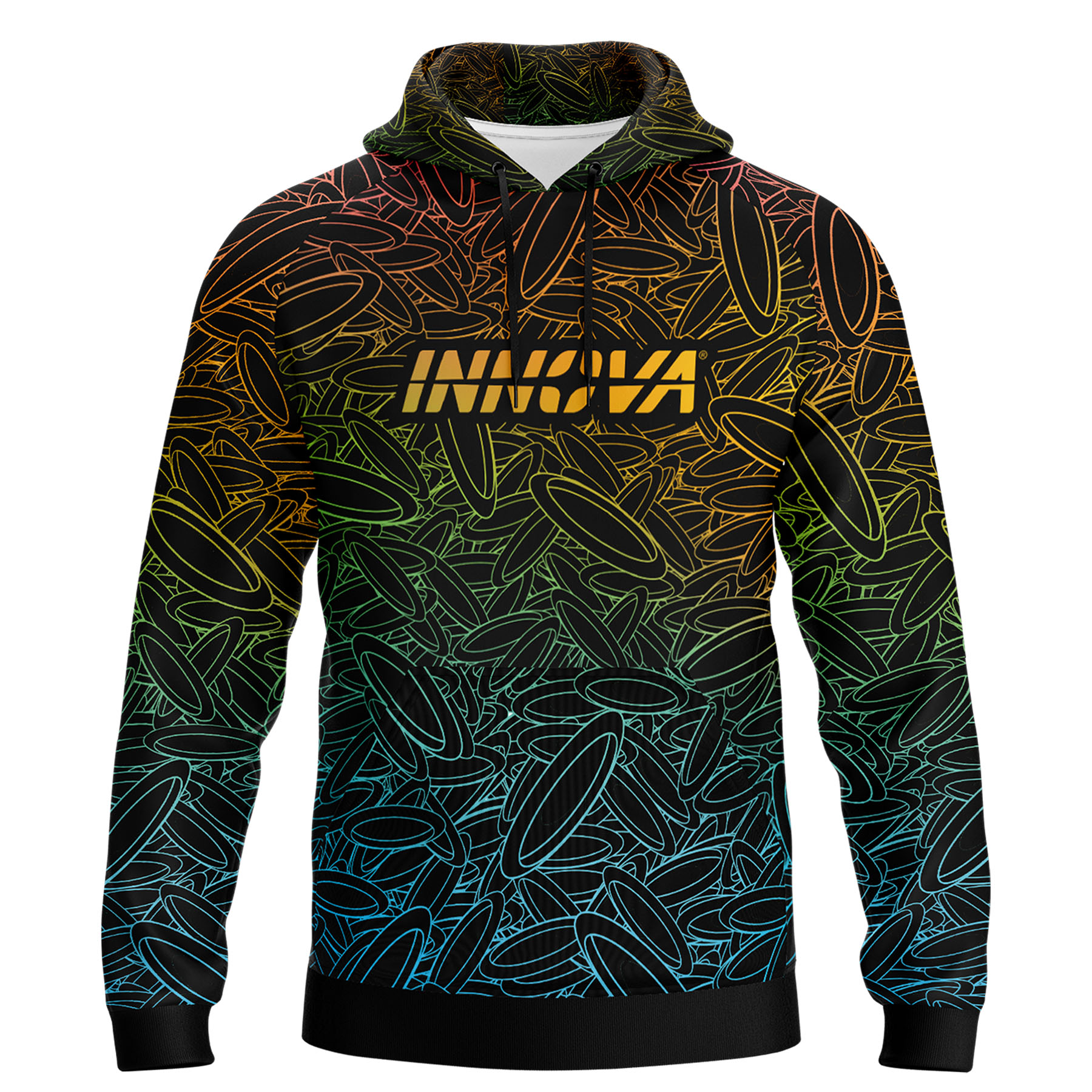 Rainbow Disc Downpour Performance Hoodie. Front view.