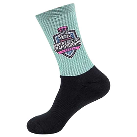 Disc Golf Socks - Tee Box Sox - Throw Pink. Teal and black color. TPWDGC logo. 