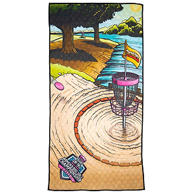 Disc Golf Towel - Performance - Throw Pink Women's Disc Golf Championship. Front: Image of Hole 6 at the Winthrop Arena Course. 