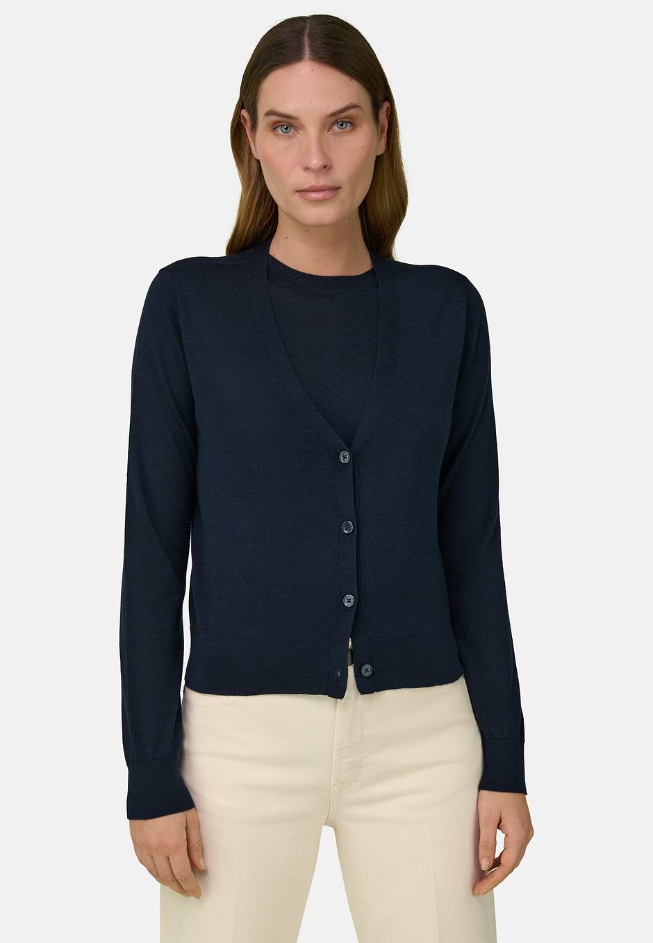 Cardigan en tricot de laine ultra-fine et soie, bleu marine, hi-res