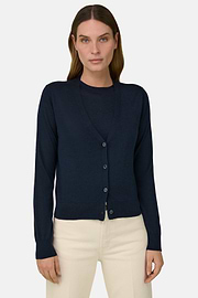 Knitted Cardigan in Superfine Wool and Silk, Navy blue, thumb, 1