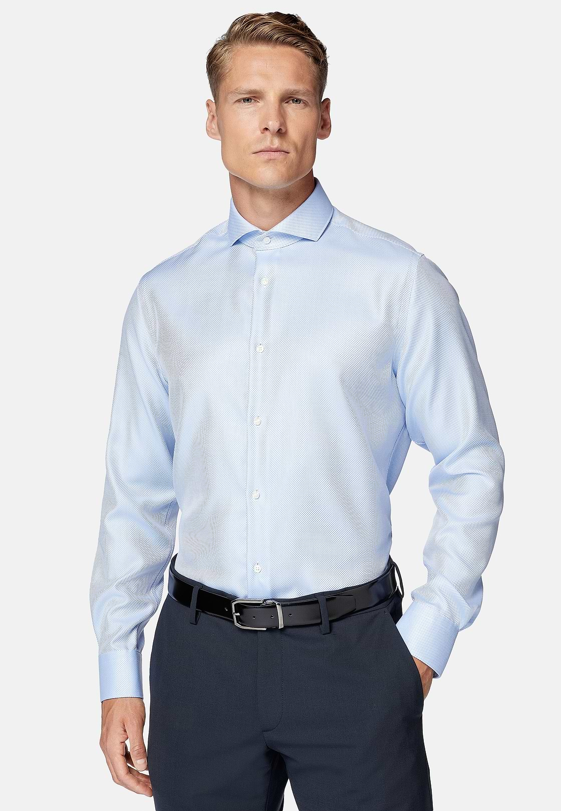 Chemise En Coton Dobby Slim Fit, Bleu clair, hi-res