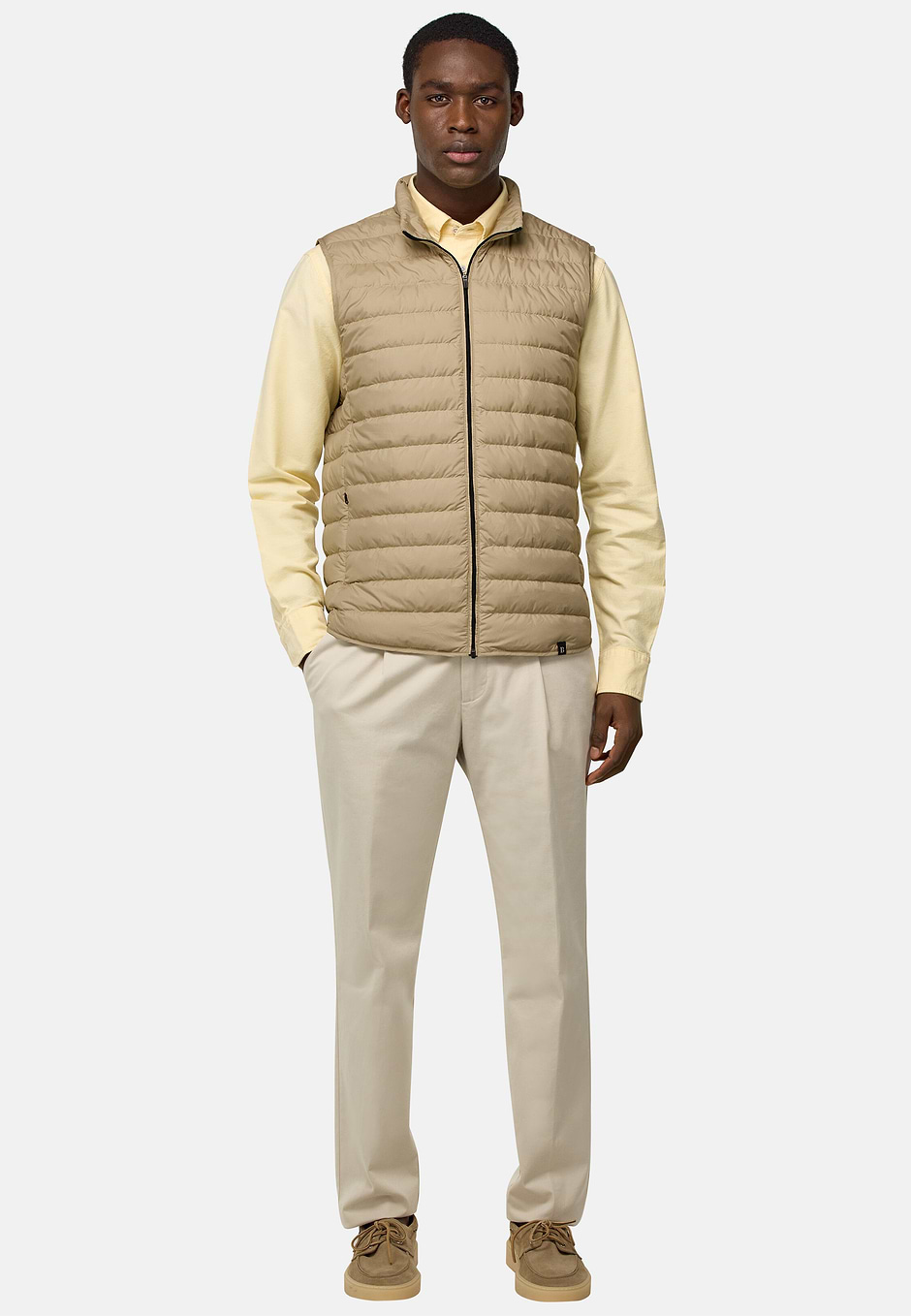 Gilet In Tessuto Tecnico In Piuma D`Oca, Beige, hi-res