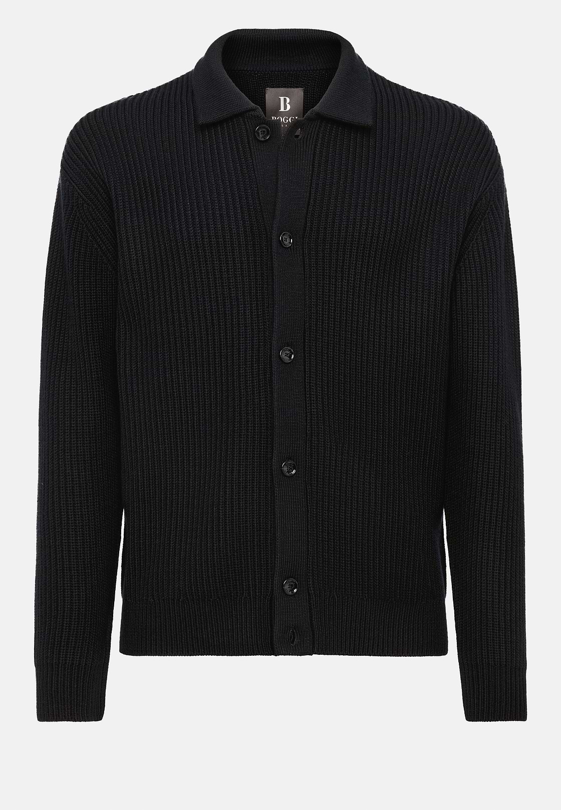 Cárdigan Negro Cuello Camisero De Lana Merina, Negro, hi-res