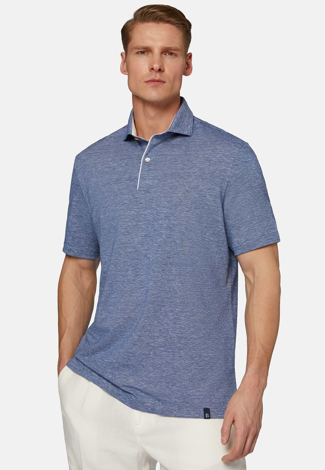 Cotton/Linen Piqué Polo Shirt, Blue, hi-res