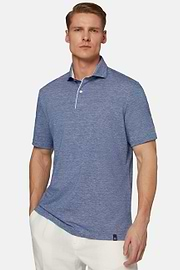 Cotton/Linen Piqué Polo Shirt, Blue, hi-res