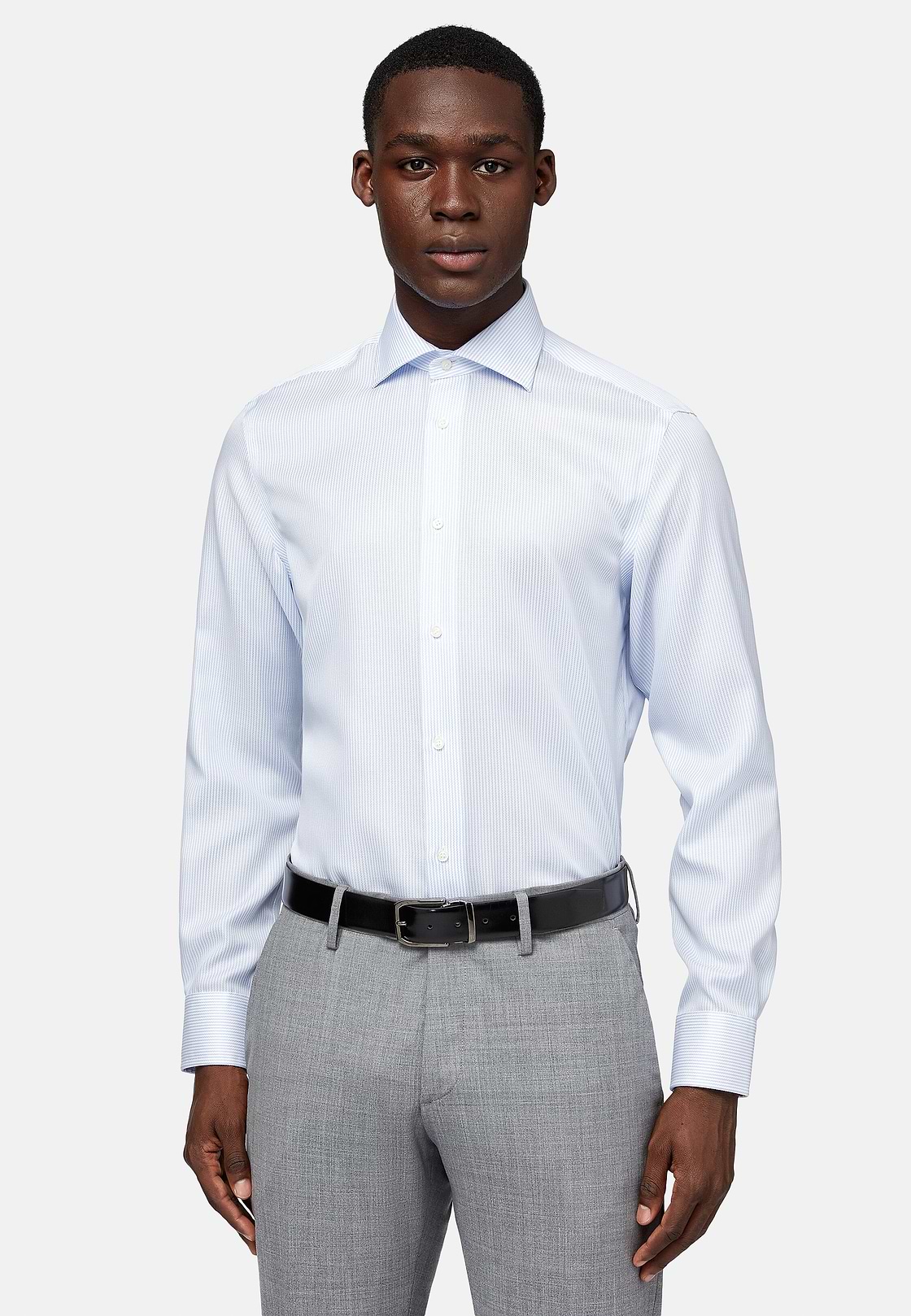 Chemise À Rayures En Coton Dobby Slim Fit, Bleu clair, hi-res