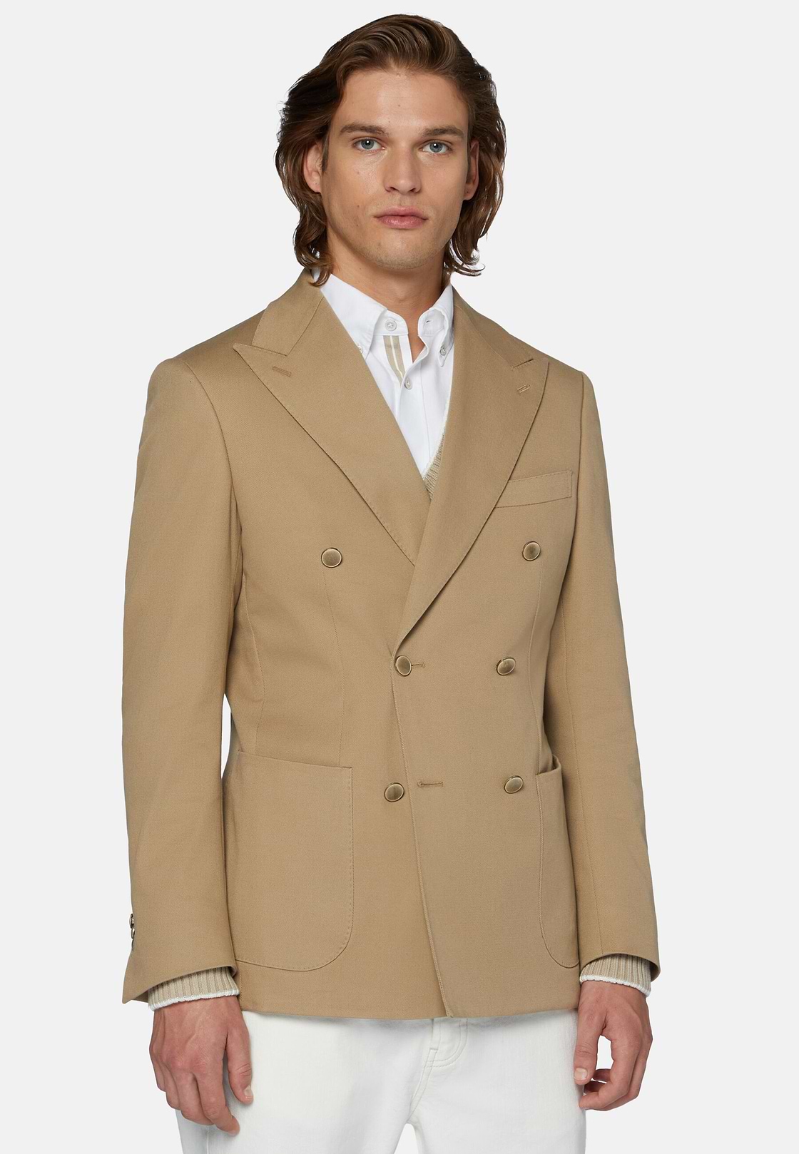 Beige Double-Breasted Jacket In Stretch Cotton, Beige, hi-res