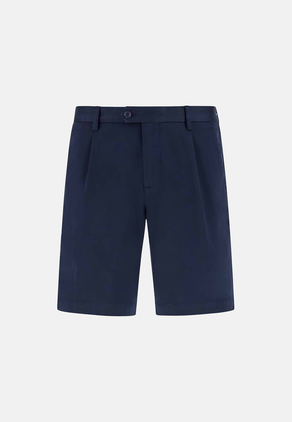 Stretch Cotton and Tencel Bermuda Shorts, Navy blue, hi-res