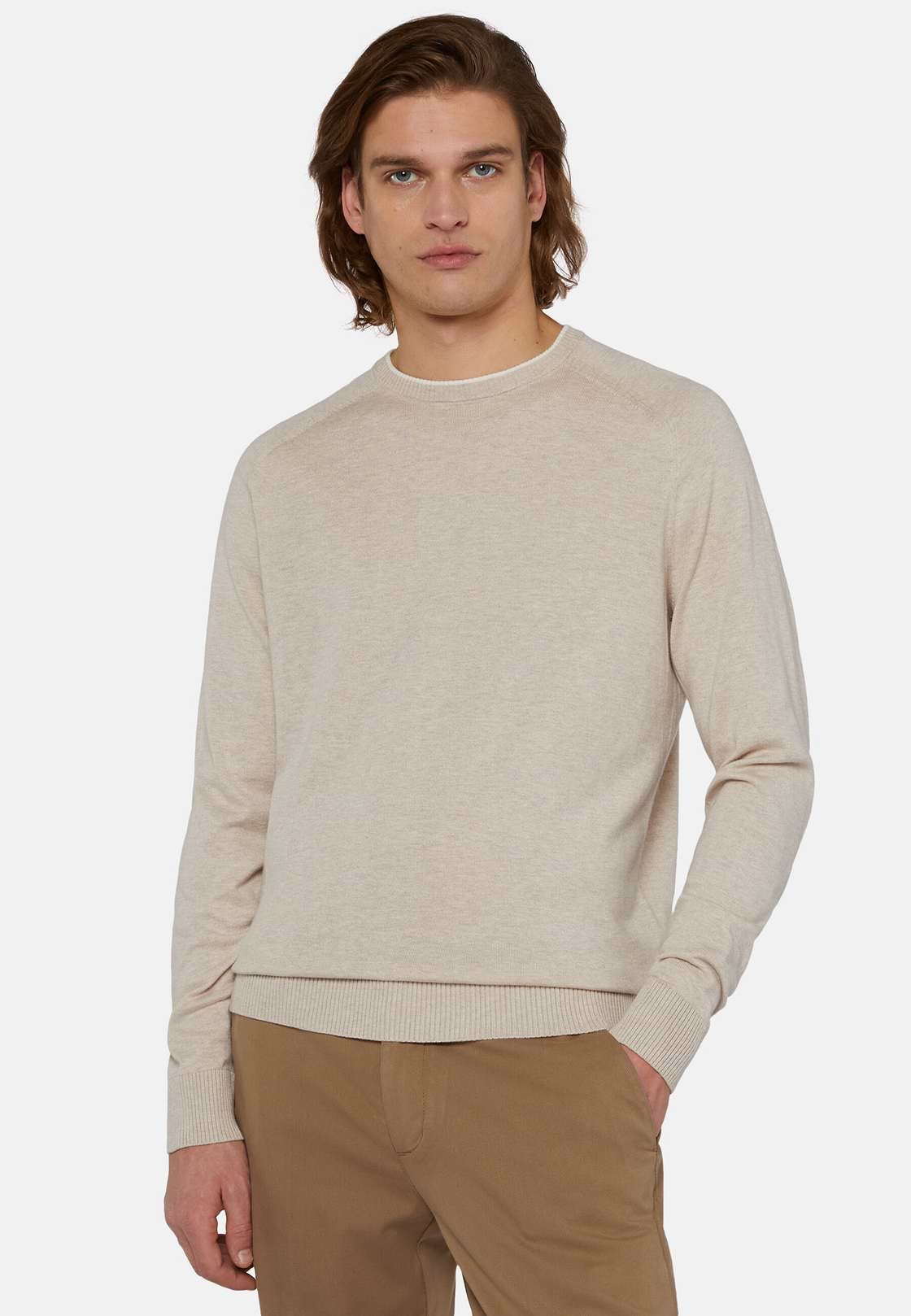 Sandfarbener Pullover Mit Rundhalsausschnitt Aus Baumwolle, Seide Und Kaschmir, Sand, hi-res