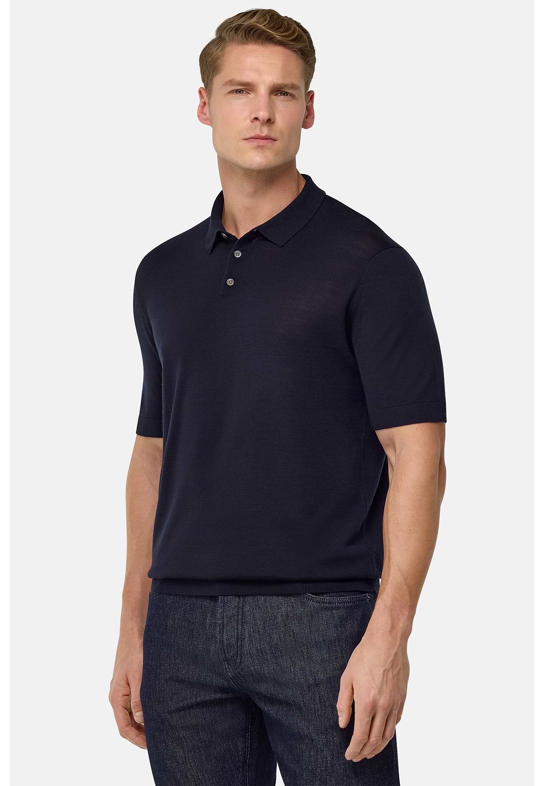 Knitted Merino Wool Polo, Navy blue, hi-res
