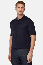 Knitted Merino Wool Polo, Navy blue, hi-res