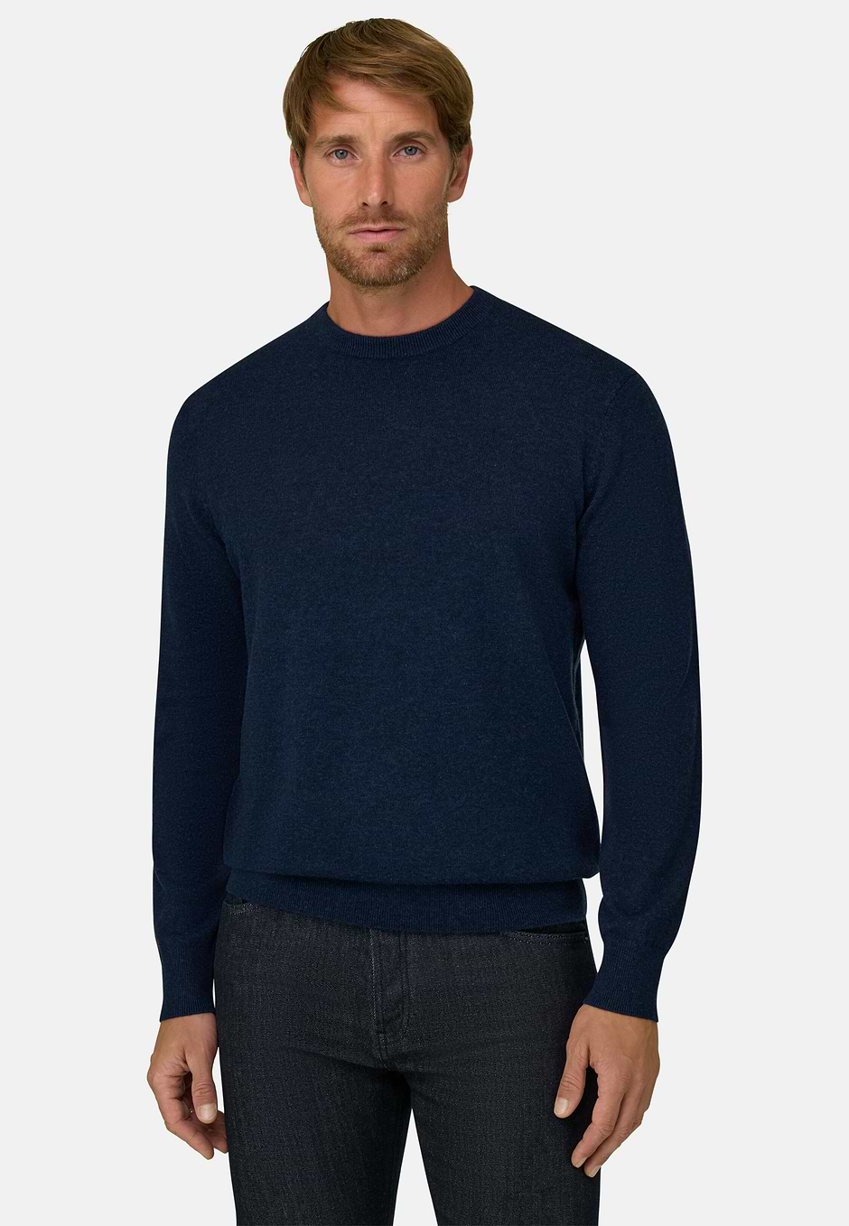 Jersey de cuello redondo en lana y cachemira, Azul  Marino, hi-res