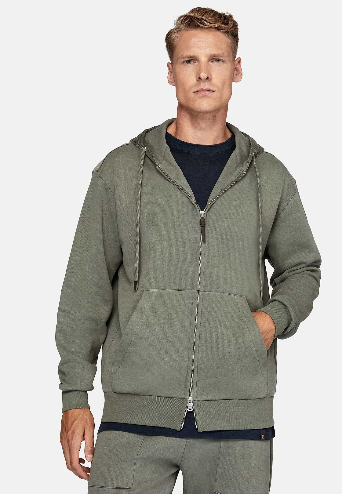 Sweat Full Zip À Capuche En Coton, Vert, hi-res