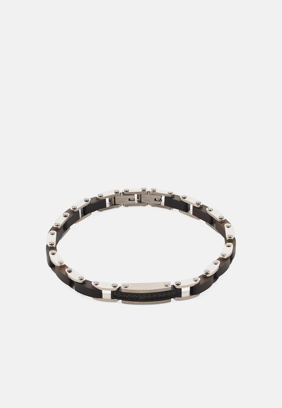 Pulsera De Malla De Acero Y Madera, Marron oscuro, hi-res