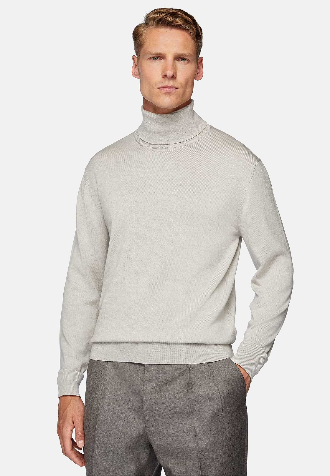 Light Grey Merino Wool Polo Neck Jumper, Light grey, hi-res