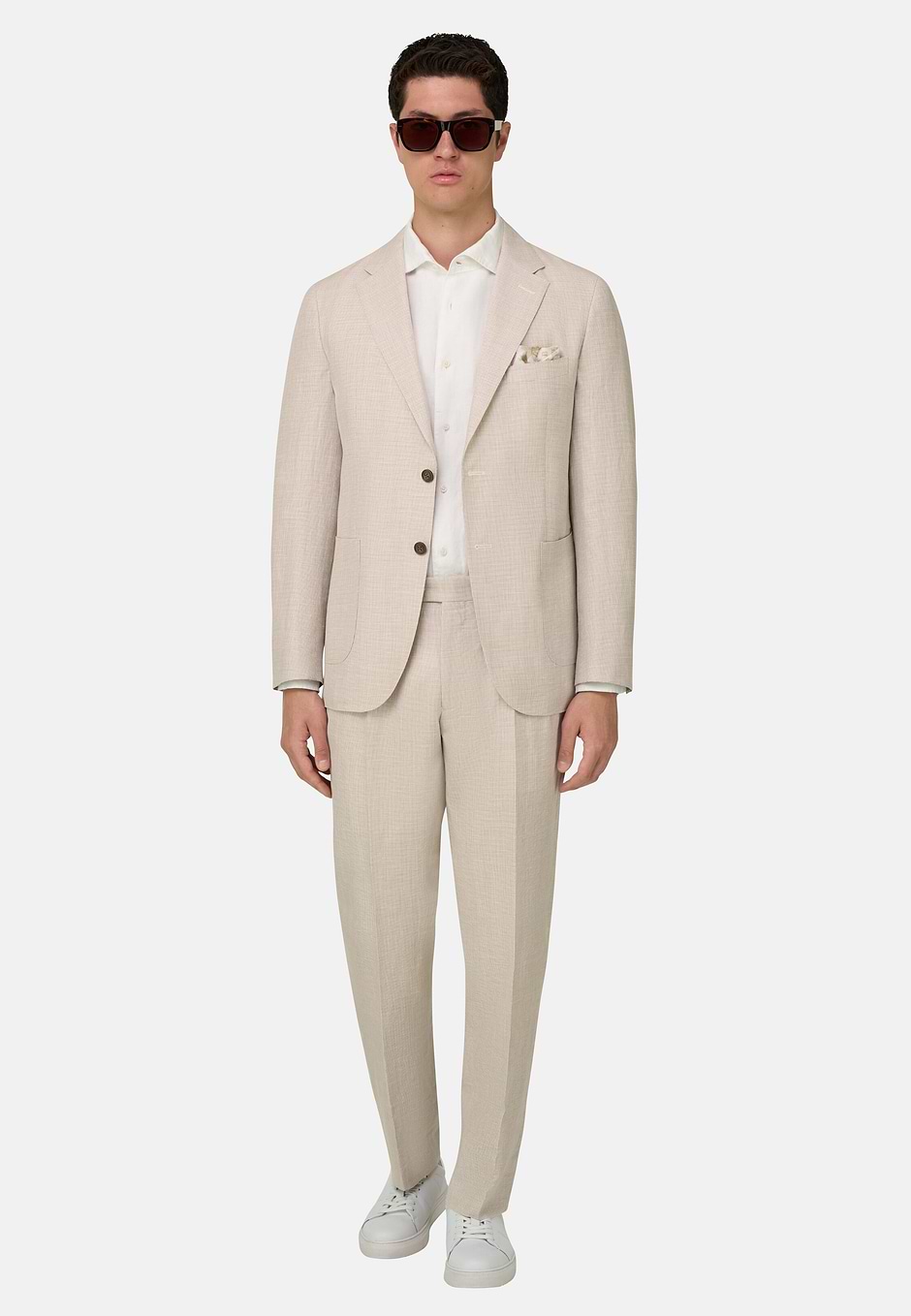 Abito Pied de Poule In Lana Lino Seta, Beige, hi-res