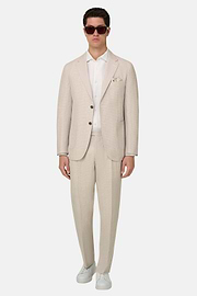 Pied De Poule Linen Wool Silk Suit, Beige, thumb, 2