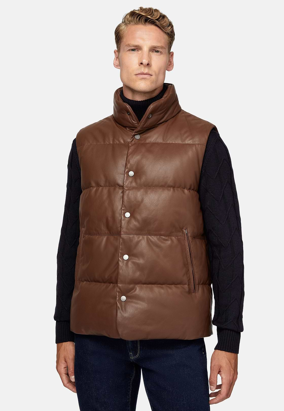 Gilet En Cuir Véritable Rembourré En Plume, Marron, hi-res