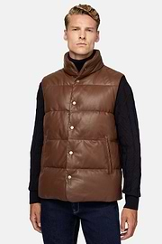 Genuine Leather Gilet With Down Padding, Brown, hi-res