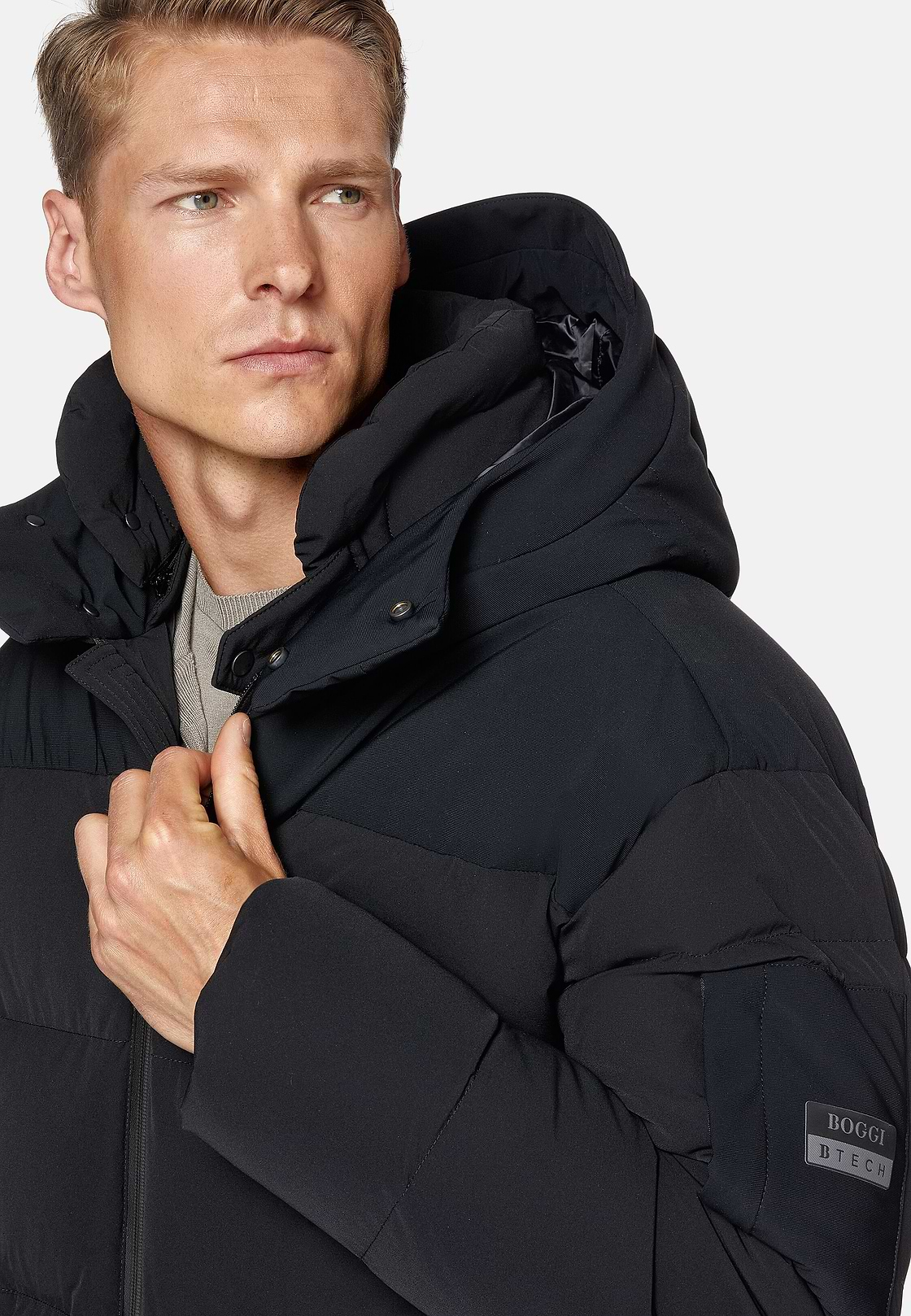 B-Tech Bomber Jacket In Recycled Nylon and Goose Down, Black, hi-res