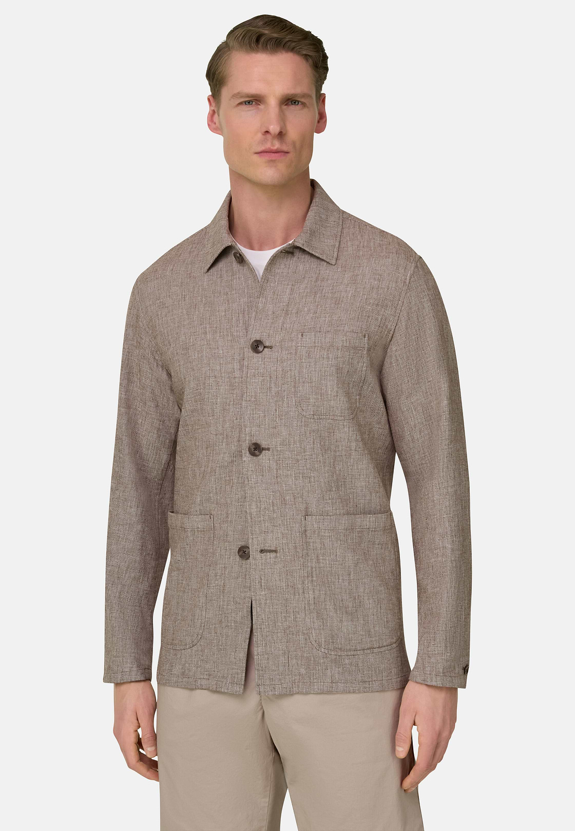 Men's Micro Fancy Cotton Linen Shirt Jacket, Brown | Boggi Milano