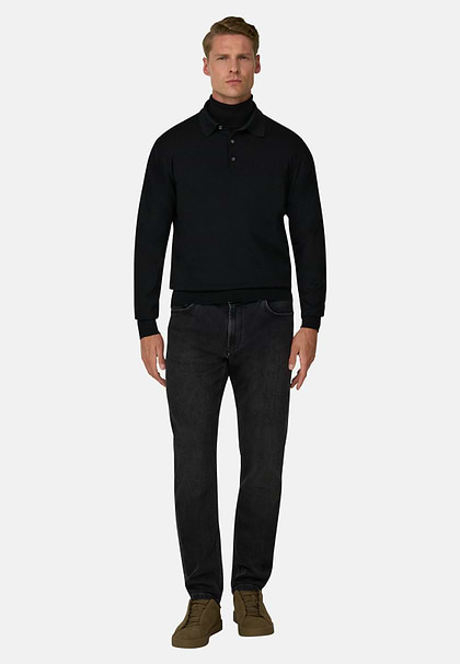 Polo z Dzianiny z Wełny Merino, Black, hi-res