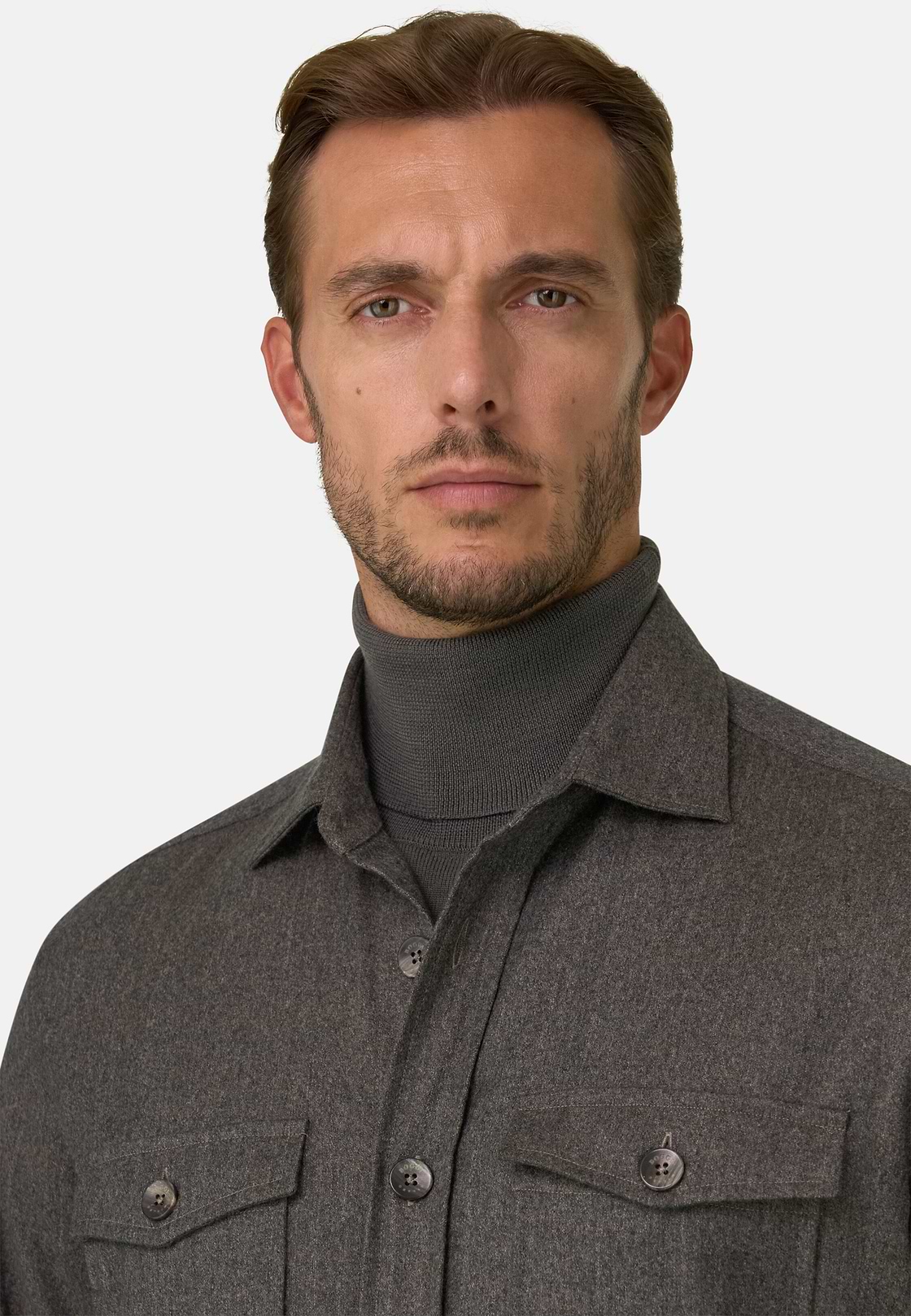 Overshirt in Mélange Wool Flannel, Taupe, hi-res, 3