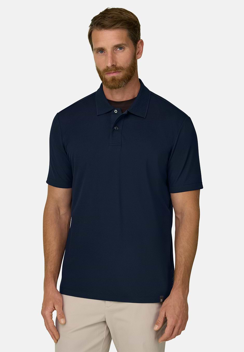 Polo in Stretch Cotton Blend Piqué Cool Jade-Fresh, Navy blue, hi-res