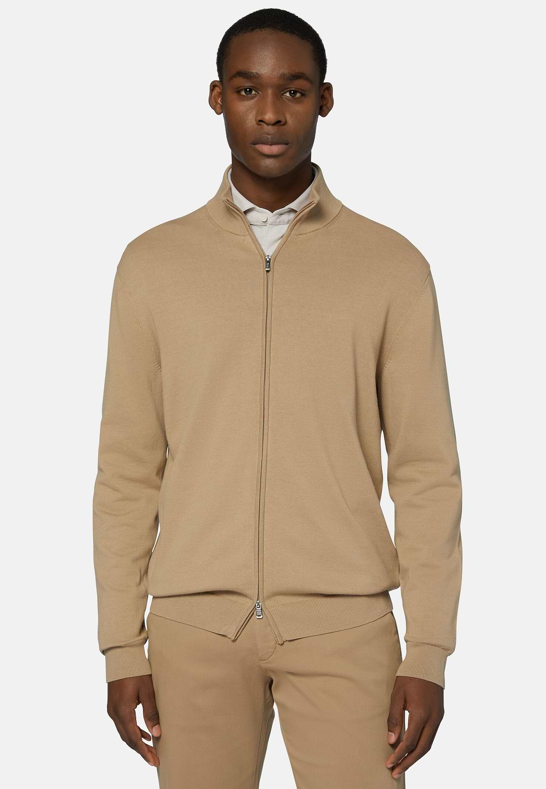 Cotton Full Zip Sweater 14Gg, Taupe, hi-res