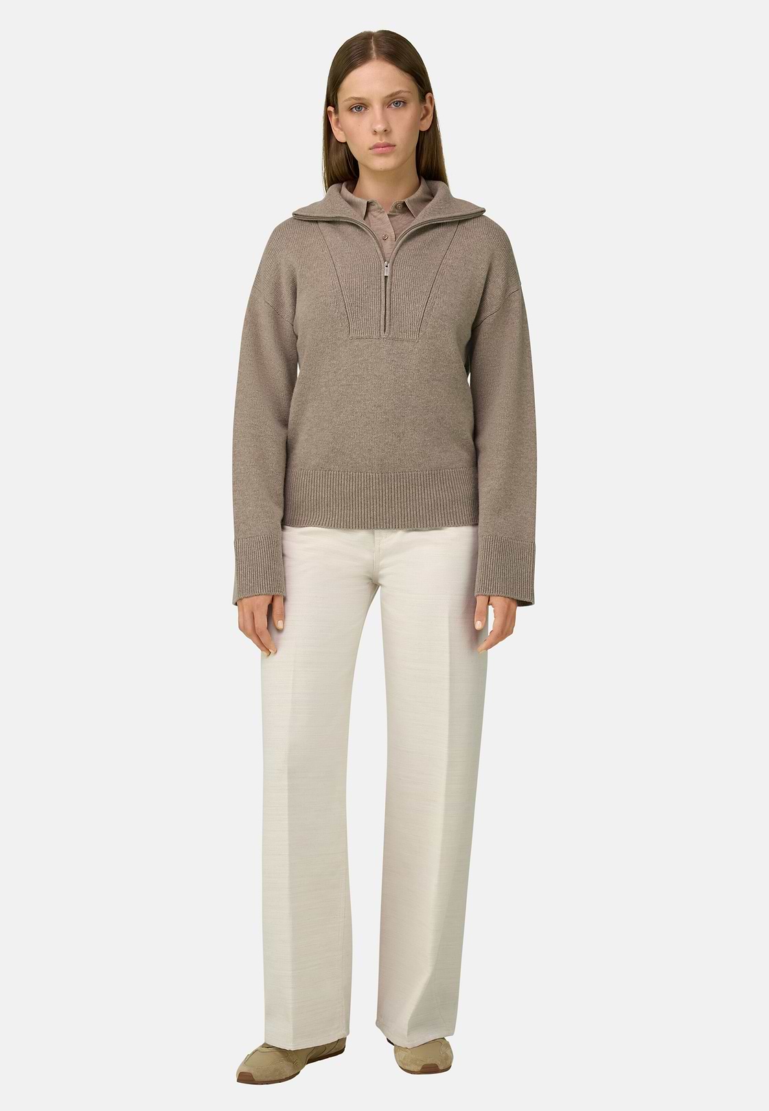 Quarter-Zip Jumper in Wool and Cashmere, Beige, hi-res, 2