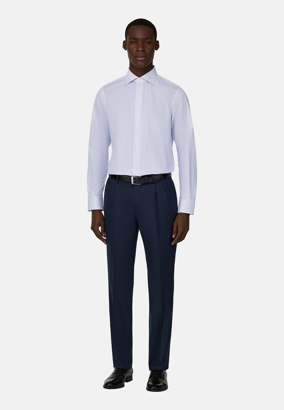 Camicia A Righe In Cotone Slim Fit, Azzurro, hi-res, 2
