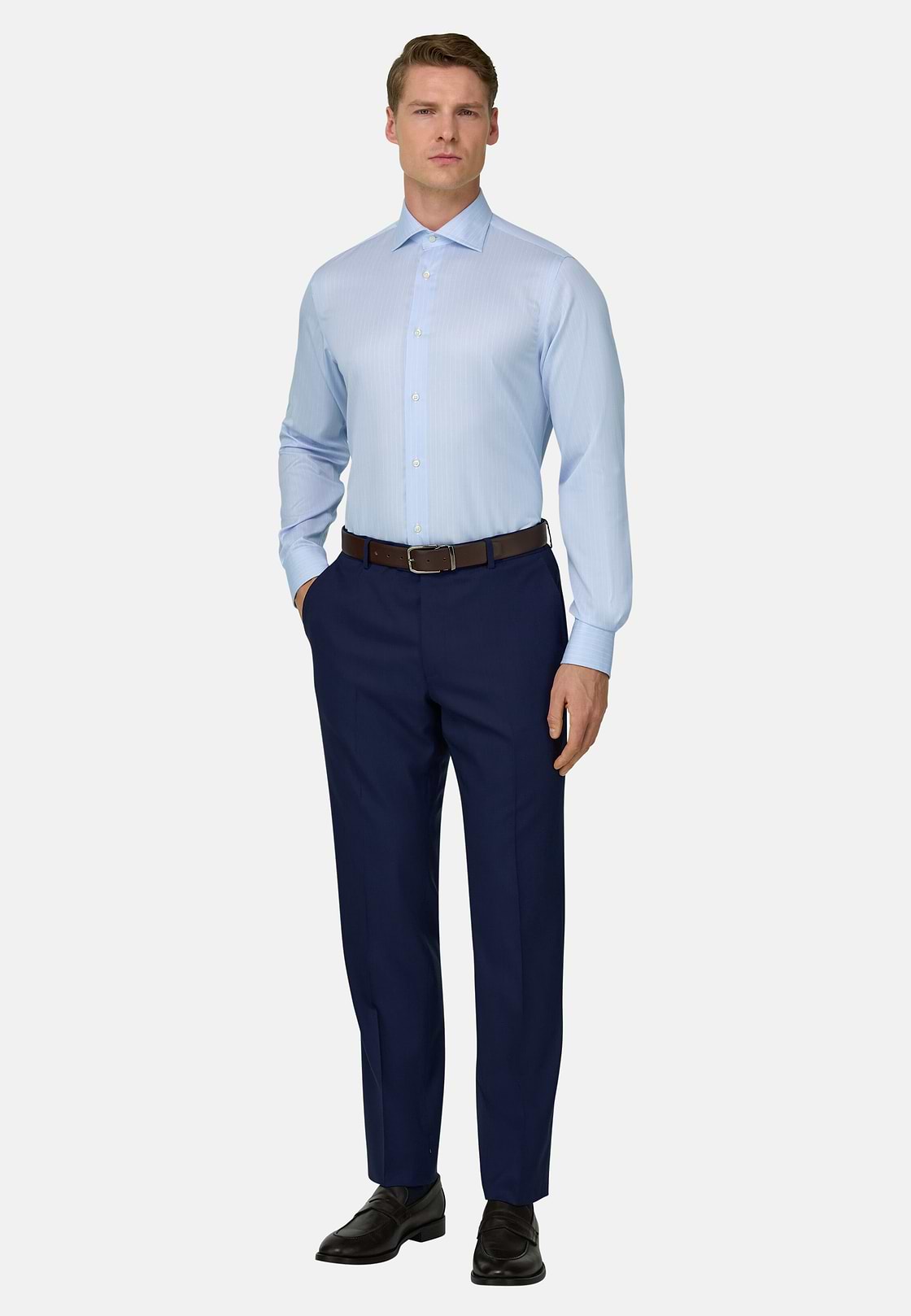Camicia A Righe In Cotone Slim Fit, Azzurro, hi-res, 2