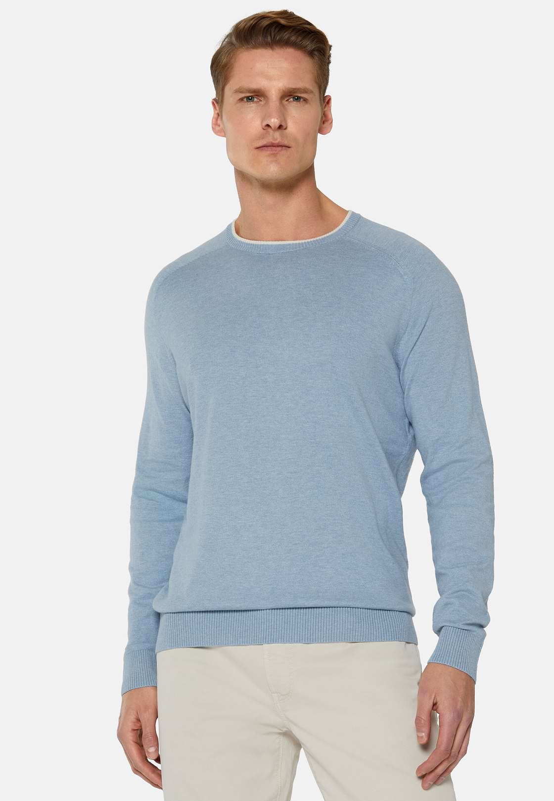 Sky Blue Crew Neck Jumper in Cotton, Silk and Cashmere, Light Blue, hi-res