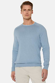 Sky Blue Crew Neck Jumper in Cotton, Silk and Cashmere, Light Blue, hi-res