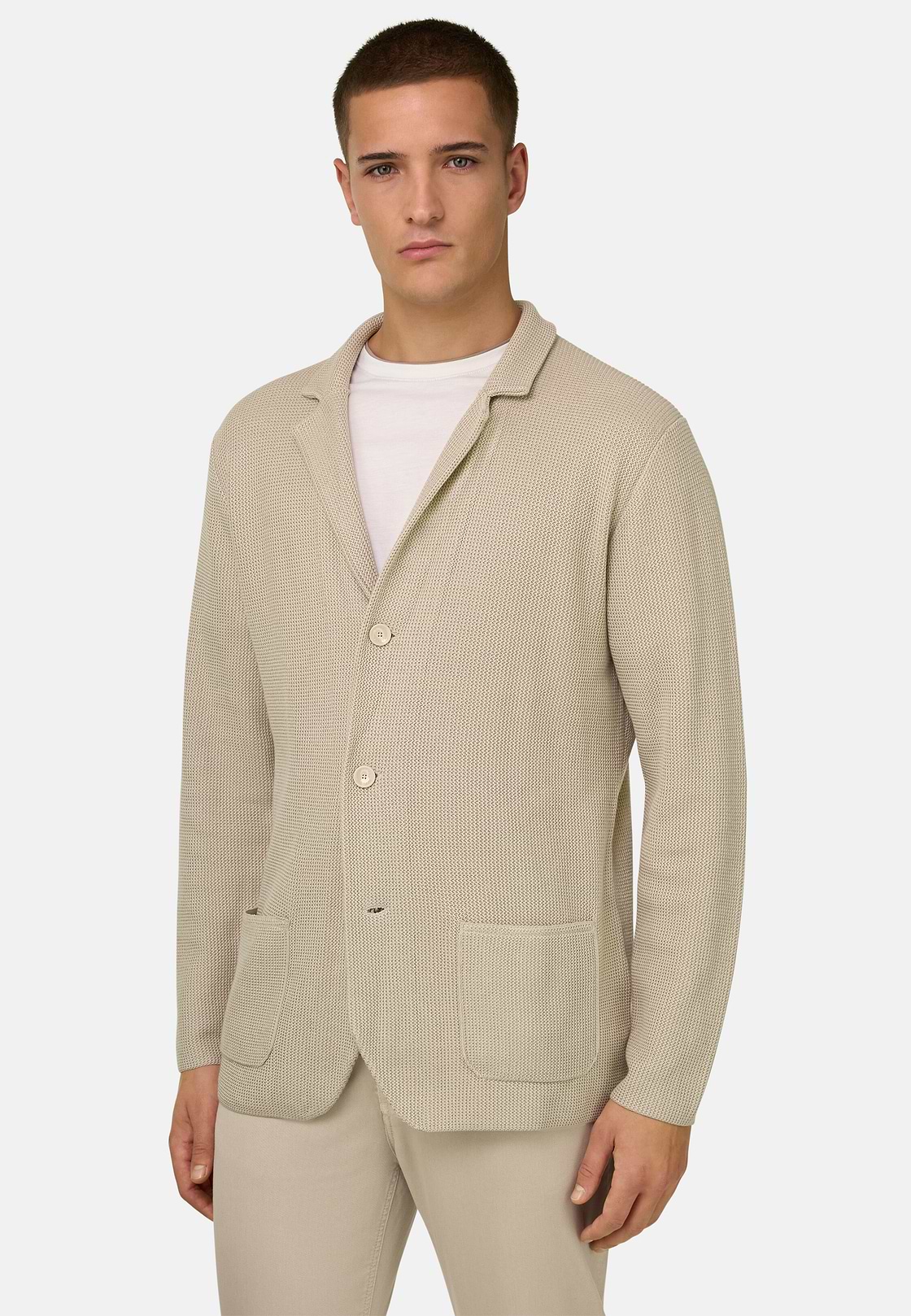 Single-Breasted Knitted Jacket in Mercerised Cotton, , hi-res, 1