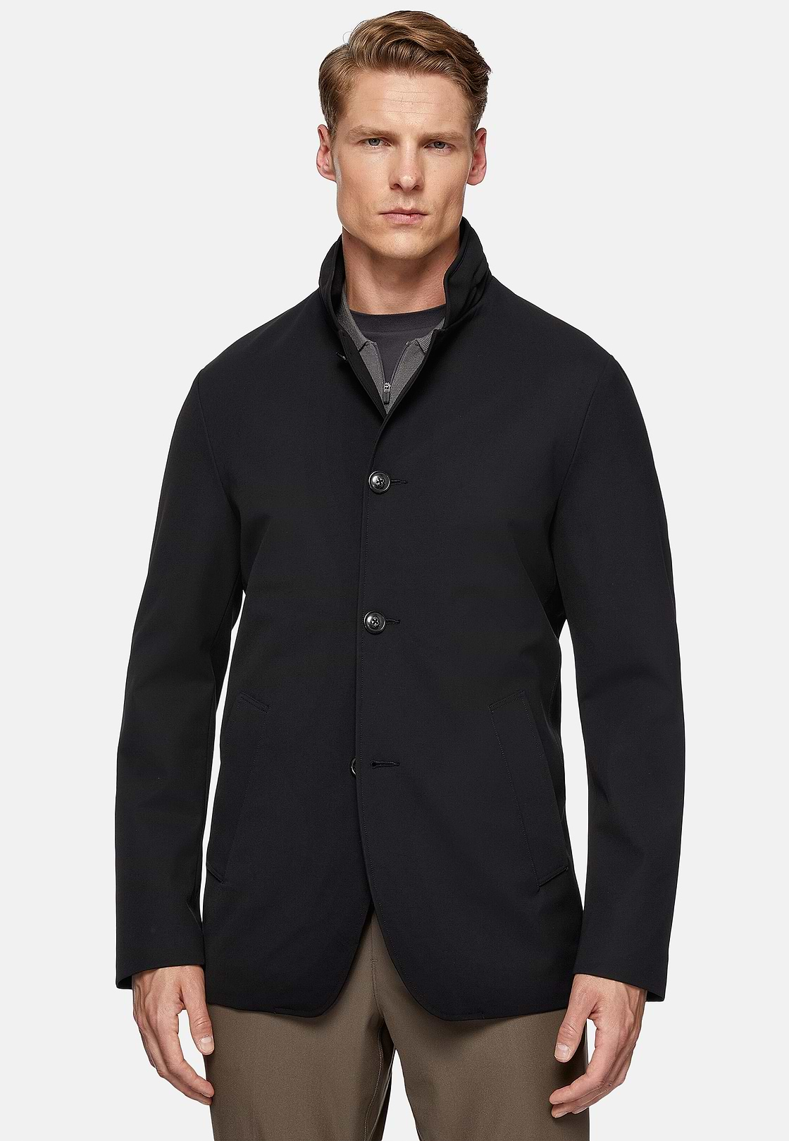 Casaco modelo peacoat B Tech em tecido técnico, Black, hi-res